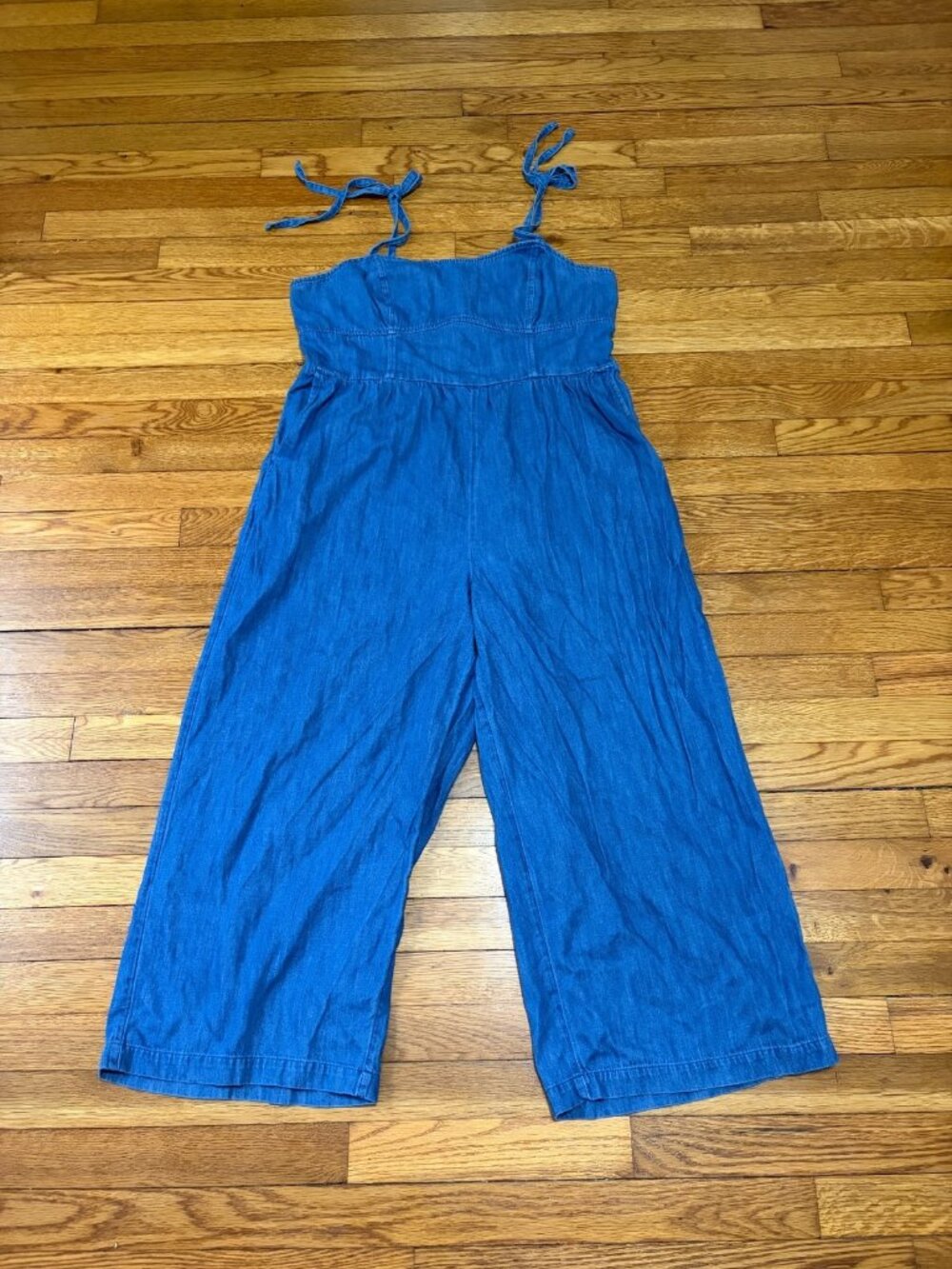 Old Navy Womens Denim Jumpsuit Size XL Petite PXL Blue 100% Cotton Wide Leg Crop
